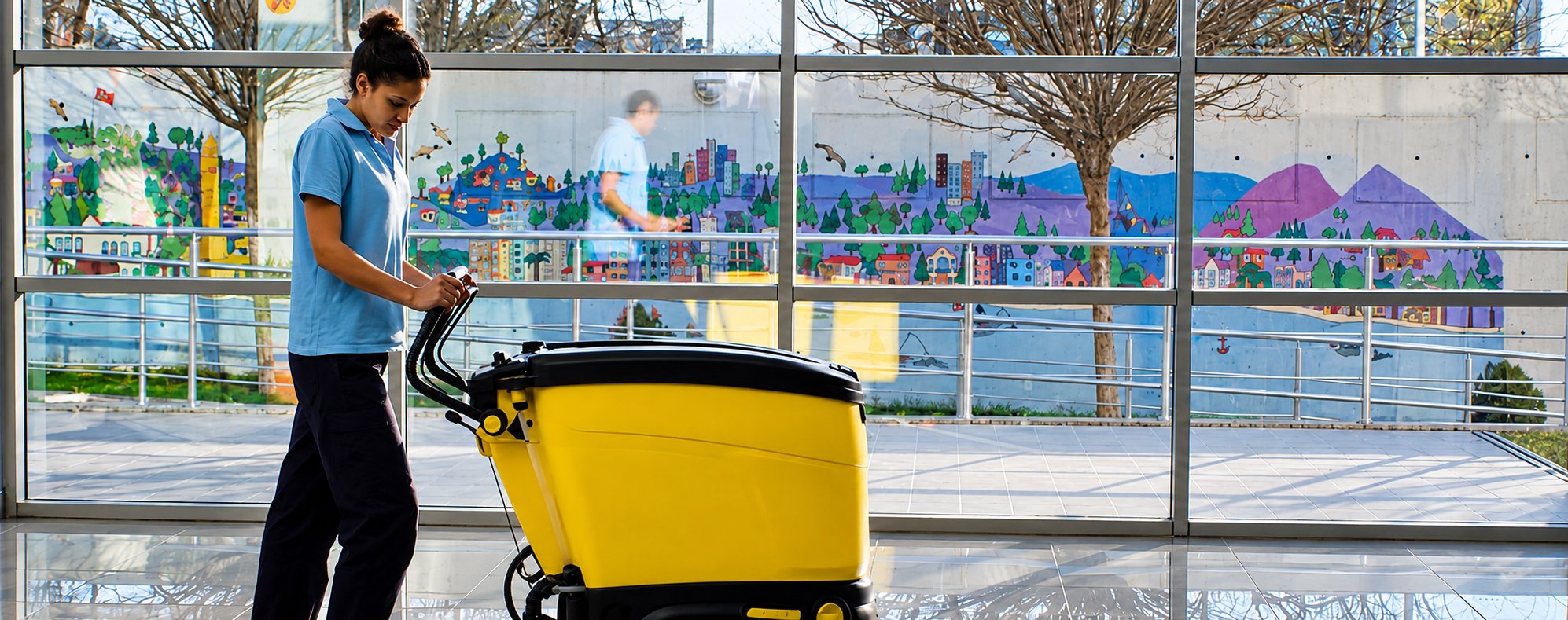 Agente de nettoyage avec une autolaveuse jaune devant une grande baie vitrée